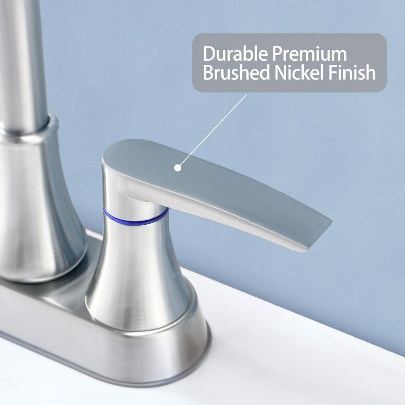 VALISY Brushed Nickel Bathroom Faucet, 2-Handle Lead-Free 360Â° Swivel High-Arc Spout 4 Inch Centerset Bath Lavatory Vanity Sink Faucets Set for Sinks with Drain & Water Hoses, VABM80008L - Image 5